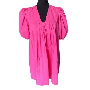 Karlie Hot Pink Puff Sleeve Mini Dress Size Small 100% Cotton Babydoll Y2K Style